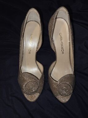 Caparros Champagne Glitter Pointed Toe Flats with Rosette
